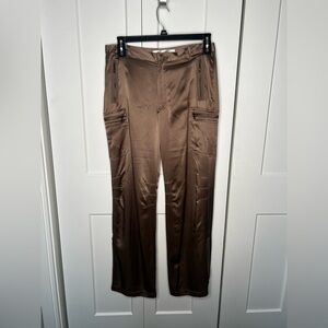 Max Studio Brown 100% Silk Straight Leg Satin Pants Women's Size 10